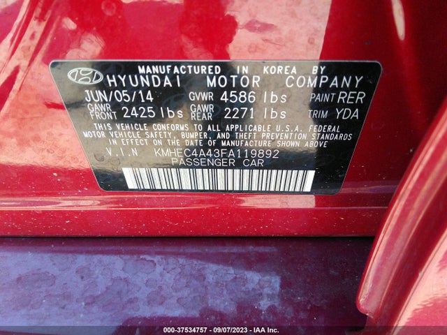 2015 HYUNDAI SONATA HYBRID VIN: KMHEC4A43FA119892