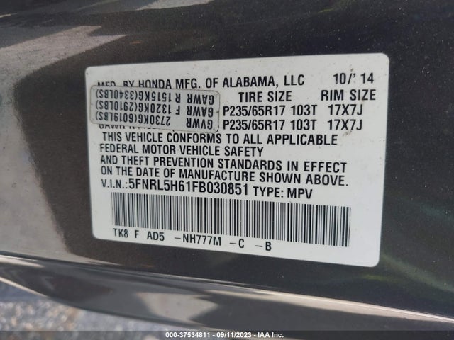 Honda Odyssey Ex-l 2015 5FNRL5H61FB030851 Image 9