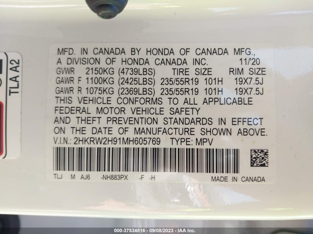 2021 HONDA CR-V TOURING VIN: 2HKRW2H91MH605769