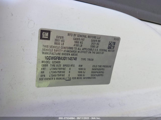 2013 CHEVROLET EXPRESS CARGO VAN VIN: 1GCWGFBA3D1143748