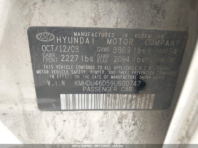 2009 HYUNDAI ELANTRA GLS VIN: KMHDU46D59U600747