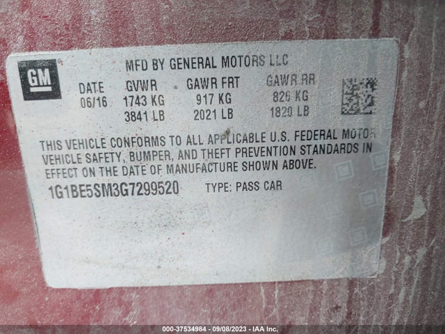 Chevrolet Cruze Lt Auto 2016 1G1BE5SM3G7299520 Image 9