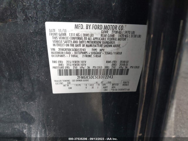 2012 FORD FLEX LIMITED/TITANIUM VIN: 2FMGK5DC5CBD12243