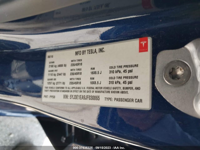 Tesla Model 3 Range Battery 2018 5YJ3E1EA9JF030865 Image 9