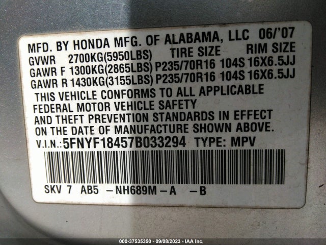2007 HONDA PILOT EX VIN: 5FNYF18457B033294