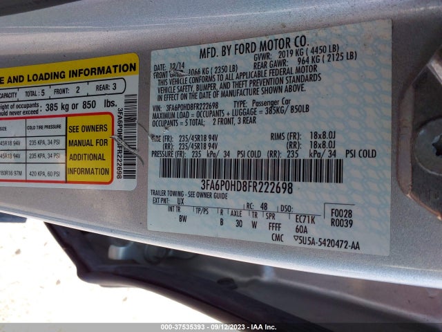 Ford FUSION SE 2015 3FA6P0HD8FR222698 Image 9