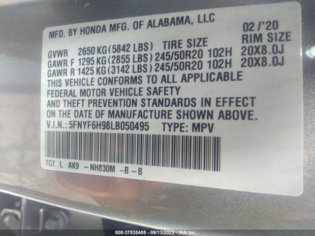 2020 HONDA PILOT AWD TOURING 8 PASSENGER VIN: 5FNYF6H98LB050495