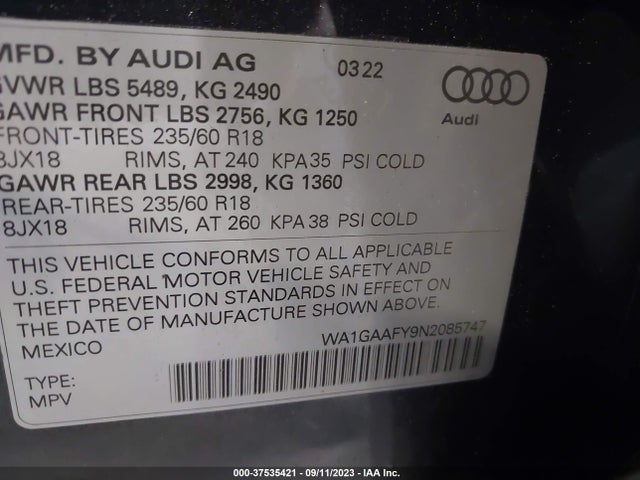 WA1GAAFY9N2085747 Audi Q5 S Line Premium