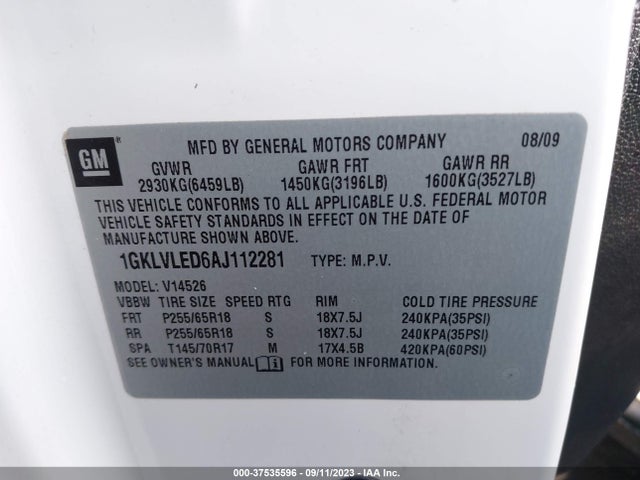 2010 GMC ACADIA SLE VIN: 1GKLVLED6AJ112281