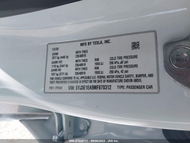 2021 Tesla 3, VIN: 5YJ3E1EA9MF870312
