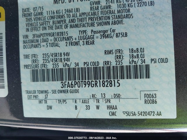 Ford FUSION SE 2016 3FA6P0T99GR182815 Image 9