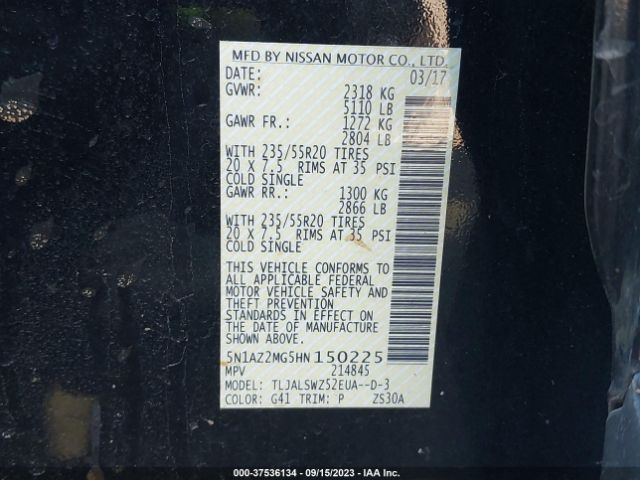 5N1AZ2MG5HN150225 Nissan Murano Platinum