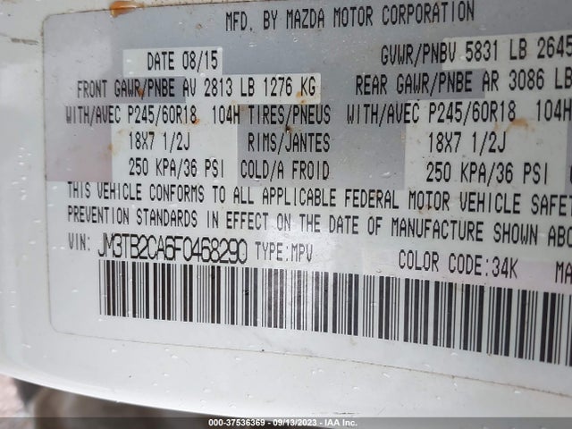 2015 MAZDA CX-9 TOURING VIN: JM3TB2CA6F0468290