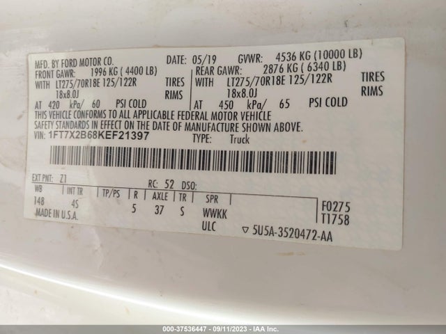 37536447 :رقم المزاد ، 1FT7X2B68KEF21397 vin ، 2019 Ford Super Duty F-250 Srw Xl/xlt/lariat مزاد بيع