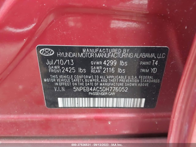 2013 HYUNDAI SONATA GLS PZEV VIN: 5NPEB4AC5DH776052