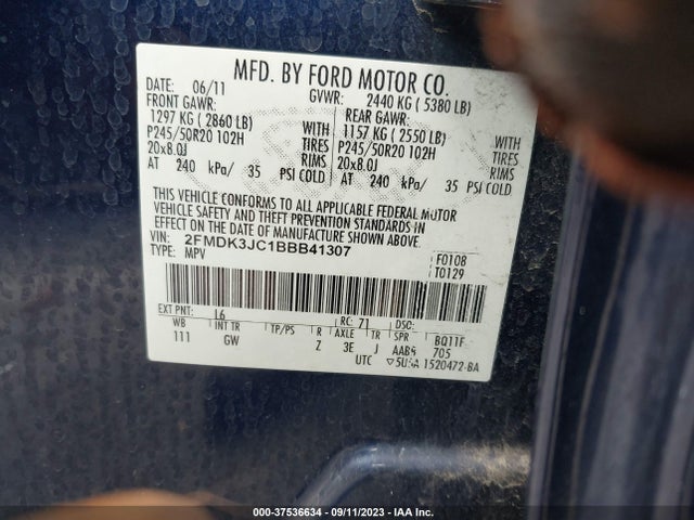 2011 FORD EDGE SEL VIN: 2FMDK3JC1BBB41307