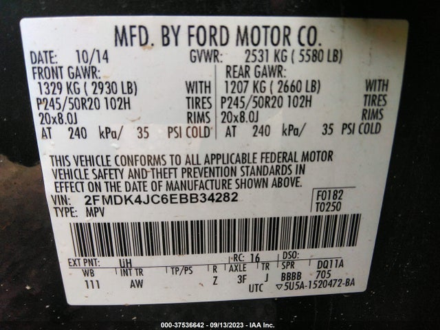 2014 FORD EDGE SEL VIN: 2FMDK4JC6EBB34282