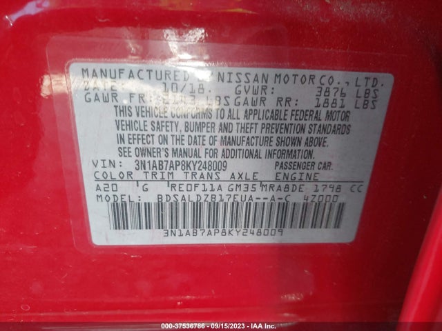 2019 NISSAN SENTRA SV VIN: 3N1AB7AP8KY248009