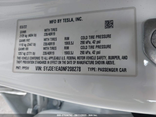 5YJ3E1EA0NF208278 Tesla Model 3 Rear-wheel Drive