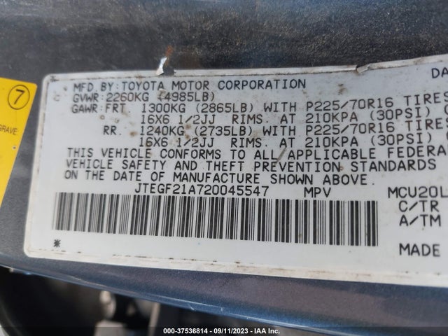2002 TOYOTA HIGHLANDER VIN: JTEGF21A720045547