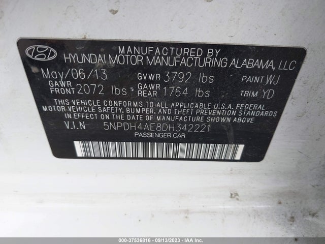2013 HYUNDAI ELANTRA GLS PZEV VIN: 5NPDH4AE8DH342221