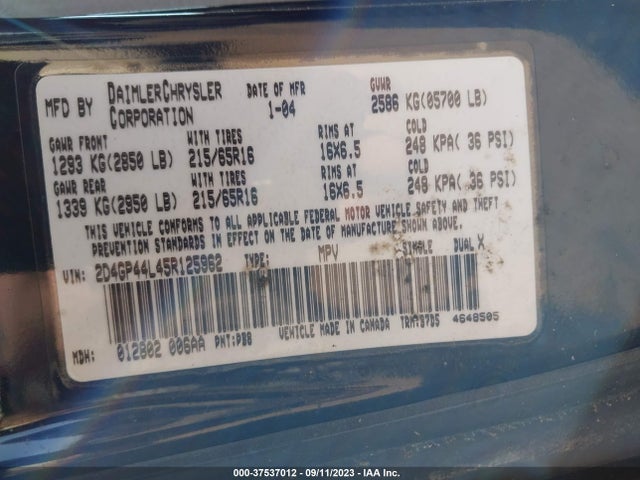2005 DODGE GRAND CARAVAN SXT VIN: 2D4GP44L45R125962