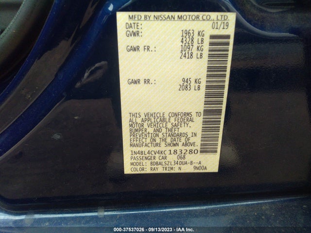 2019 NISSAN ALTIMA 2.5 SR VIN: 1N4BL4CV4KC183280