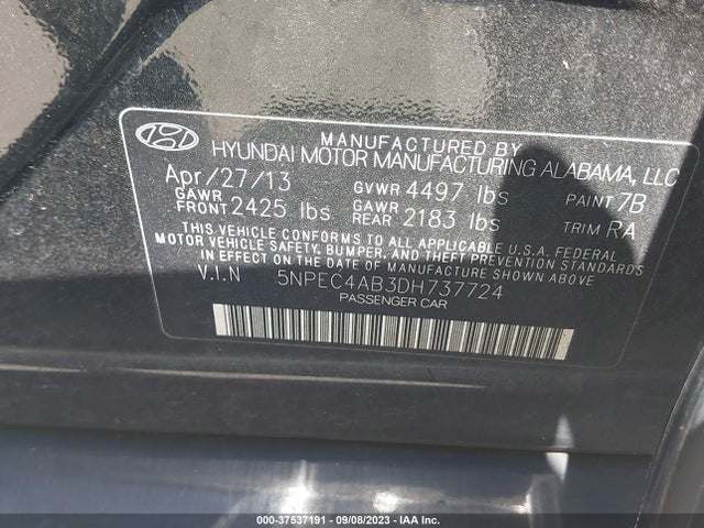 2013 HYUNDAI SONATA LIMITED VIN: 5NPEC4AB3DH737724