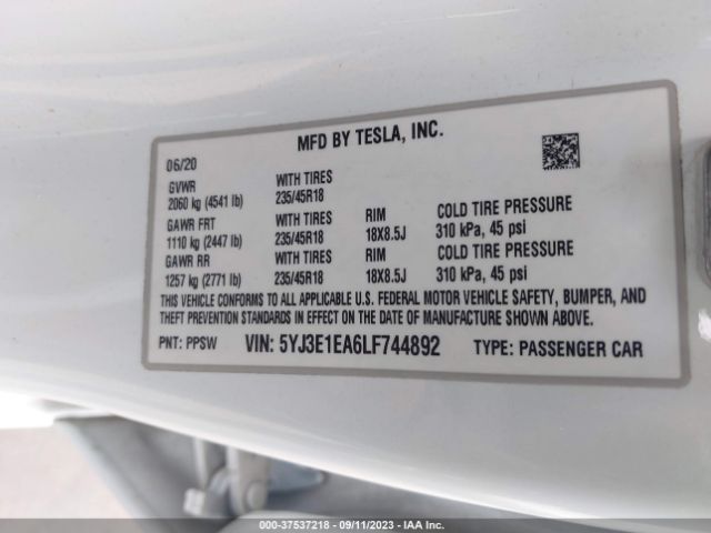 5YJ3E1EA6LF744892 Tesla Model 3 Standard Range