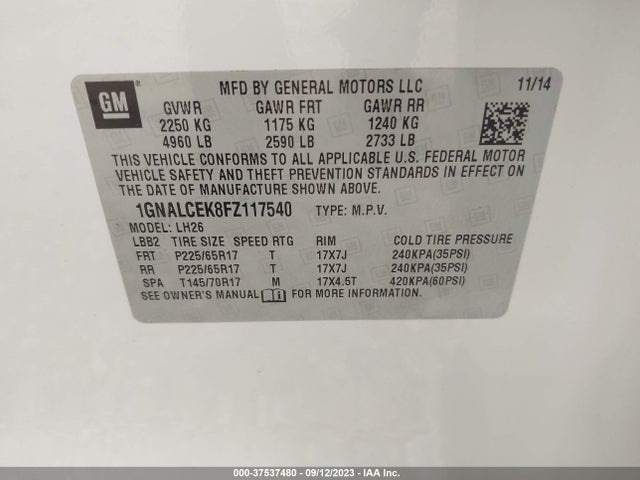 Chevrolet EQUINOX LT 2015 1GNALCEK8FZ117540 Image 9