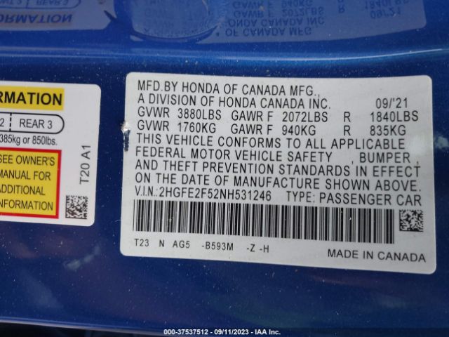 2HGFE2F52NH531246 Honda Civic Sedan Sport