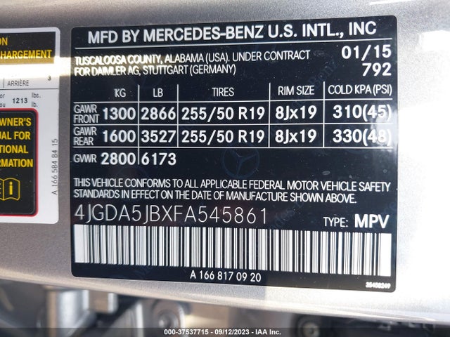 2015 MERCEDES-BENZ ML 350 VIN: 4JGDA5JBXFA545861
