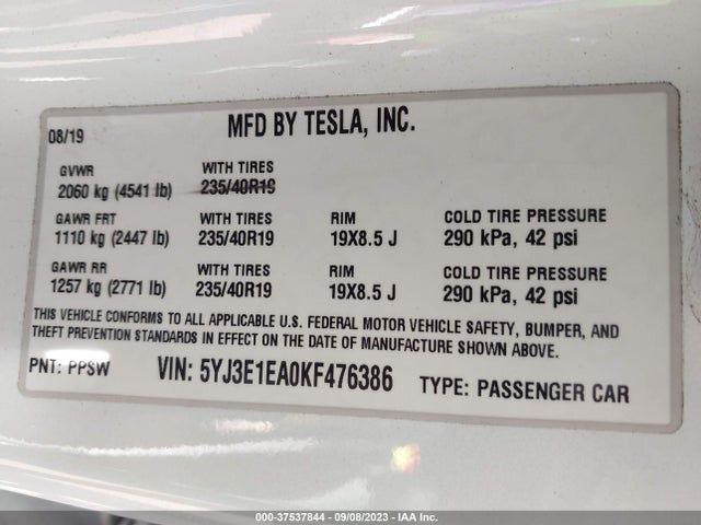 2019 Tesla 3, VIN: 5YJ3E1EA0KF476386