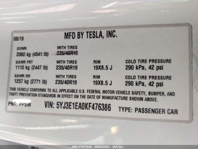 5YJ3E1EA0KF476386 Tesla Model 3 Range