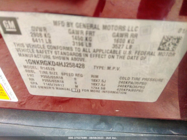 Chevrolet Traverse Lt 2017 1GNKRGKD4HJ258428 Image 9