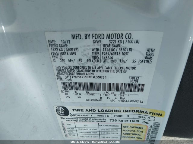 2013 FORD F-150 XL/XLT/FX2/LARIAT VIN: 1FTFW1CT9DFA35031