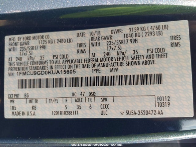 Ford ESCAPE SE 2019 1FMCU9GD0KUA15605 Image 15