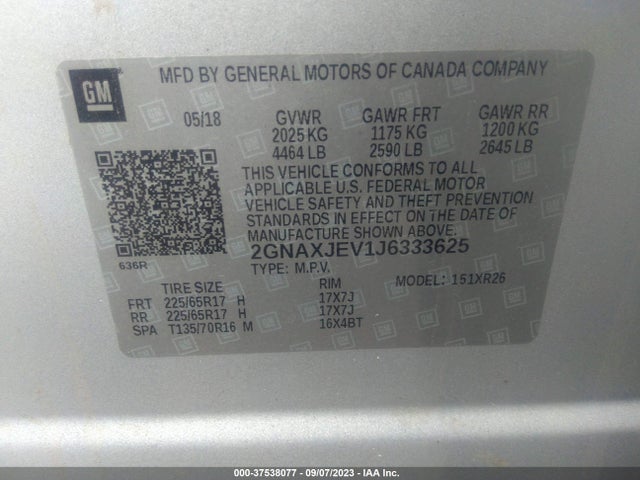 Chevrolet EQUINOX LT 2018 2GNAXJEV1J6333625 Image 9