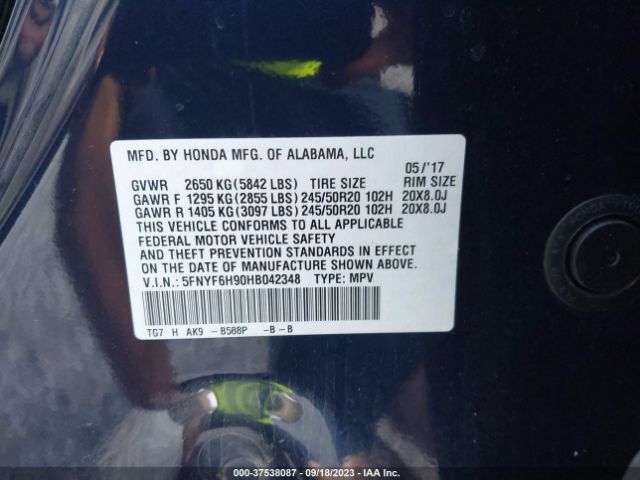 5FNYF6H90HB042348 Honda Pilot Touring