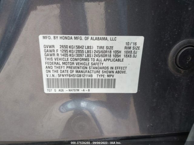 5FNYF6H51GB121149 Honda Pilot Ex-l