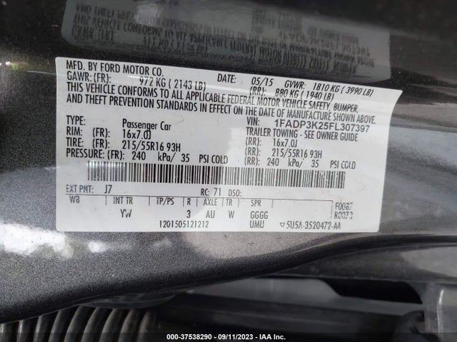 2015 FORD FOCUS SE VIN: 1FADP3K25FL307397