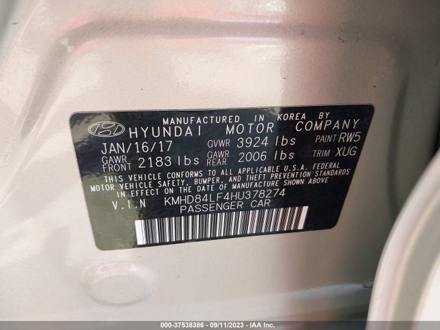 2017 HYUNDAI ELANTRA SE VIN: KMHD84LF4HU378274