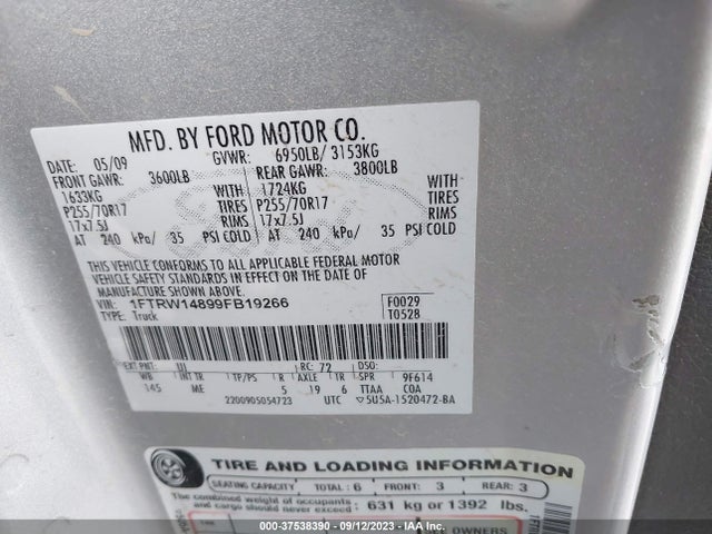 2009 FORD F-150 XL/XLT VIN: 1FTRW14899FB19266