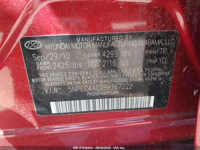 2011 HYUNDAI SONATA LTD VIN: 5NPEC4AC2BH167222
