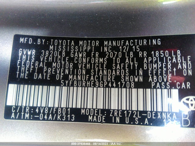 Toyota Corolla L/le/s/s Plus/le Plus 2016 5YFBURHE9GP441708 Image 9