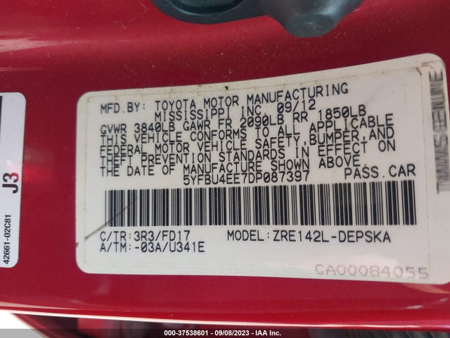 2013 TOYOTA COROLLA L/LE/S VIN: 5YFBU4EE7DP087397