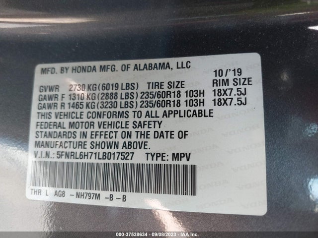 2020 HONDA ODYSSEY EX-L VIN: 5FNRL6H71LB017527