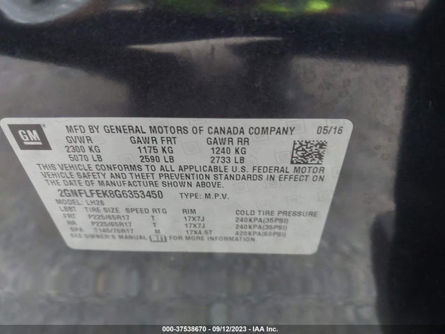 Chevrolet EQUINOX LT 2016 2GNFLFEK8G6353450 Image 9