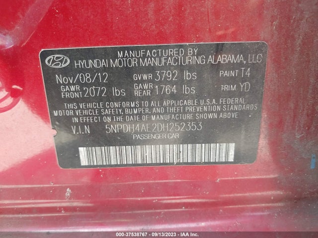 2013 HYUNDAI ELANTRA GLS VIN: 5NPDH4AE2DH252353