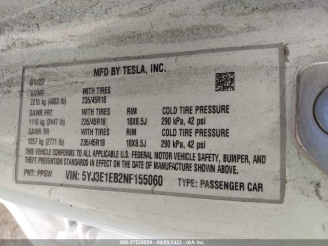 5YJ3E1EB2NF155060 Tesla Model 3 Long Range